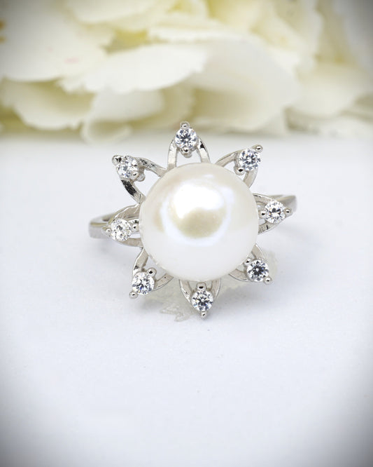 Damen Ring aus Sterlingsilber (925) mit große Süßwasser Perle mit Zirkon kombiniert