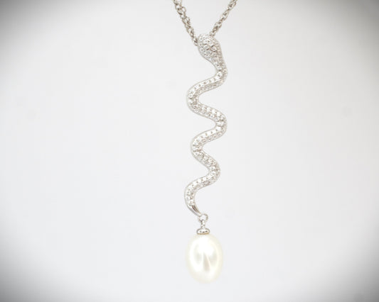 Damenkette mit Schlange Anhänger, Silber (925) mit Süßwasserperle und Zirkon facettiert