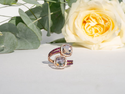 Damenring Rose vergoldet aus Sterlingsilber (925) mit farbigen Zirkon facettiert