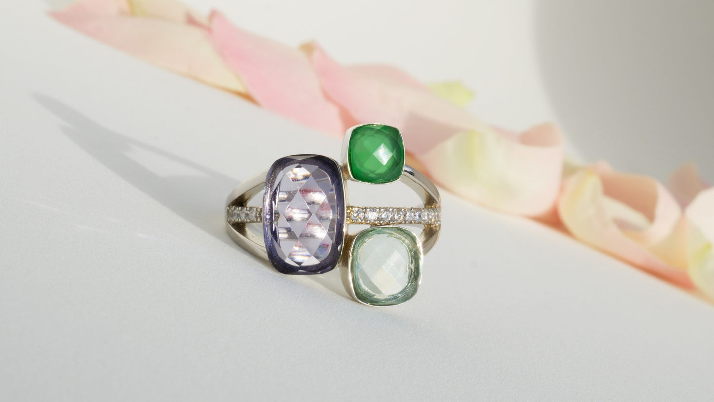 Eleganter Damenring in Sterlingsilber(925) mit syn. Jade & farblichem Zirkon