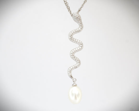 Damenkette mit Schlange Anhänger, Silber (925) mit Süßwasserperle und Zirkon facettiert