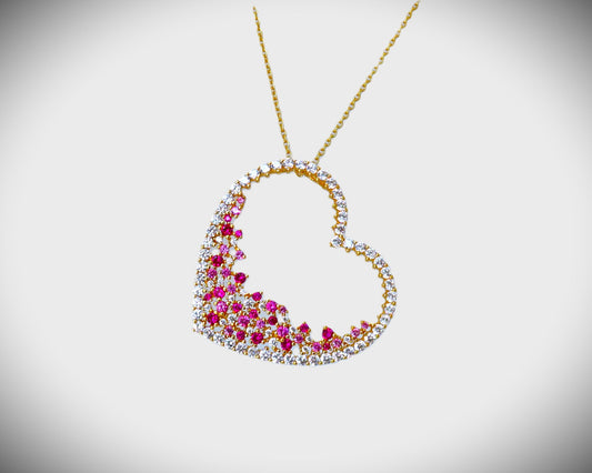 Damen Kette mit e. großen Herz Anhänger in Sterlingsilber(925) Gelb Gold platiniert mit farbigen Zirkon facettiert