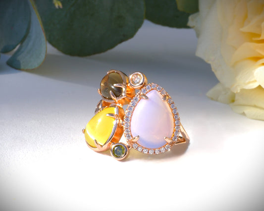 Eleganter Damenring Rose vergoldet in Sterlingsilber(925) mit syn. Citrin, Rose und Smoky Quarzt & Zirkon