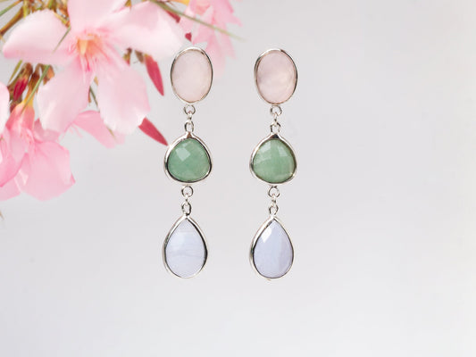 Elegante Ohrstecker in Silber(925) mit syn. syn. Amazonite, Rose Quartz & Blue Agate