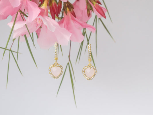 Damen Ohrringen L.O.V.E. petit , Gelb Gold Vergoldet Sterlingsilber (925) mit Zirkon facettiert, Herz Rose Quartz Form
