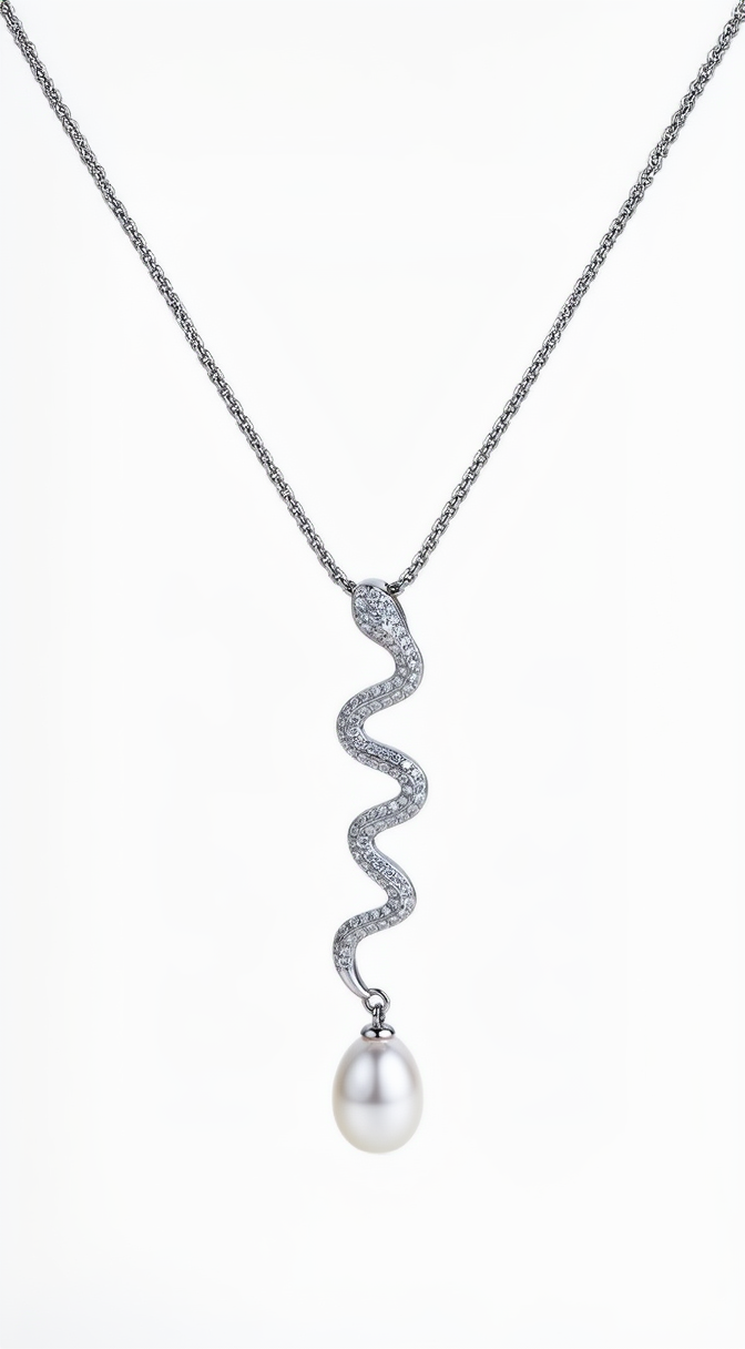 MINERVA Kette aus 925 Sterling Silber – Schlangen Anhänger mit weißer Perle & Zirkonia | NM White Kollektion