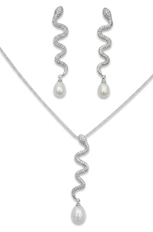 MINERVA Schmuckset aus 925 Sterling Silber – Schlangen Ohrringe & Collier mit weißen Perlen und Zirkonia