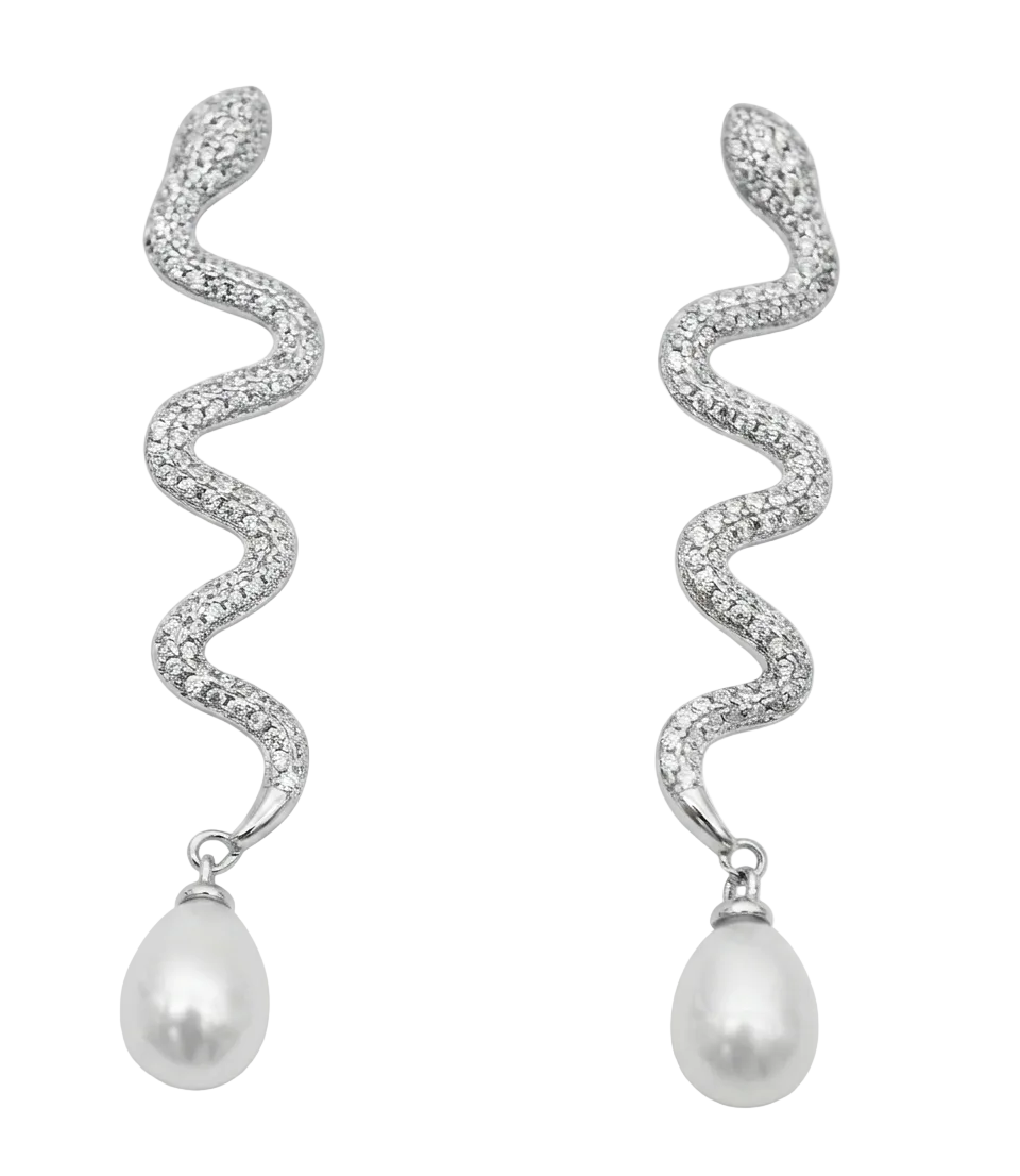 MINERVA Schmuckset aus 925 Sterling Silber – Schlangen Ohrringe & Collier mit weißen Perlen und Zirkonia