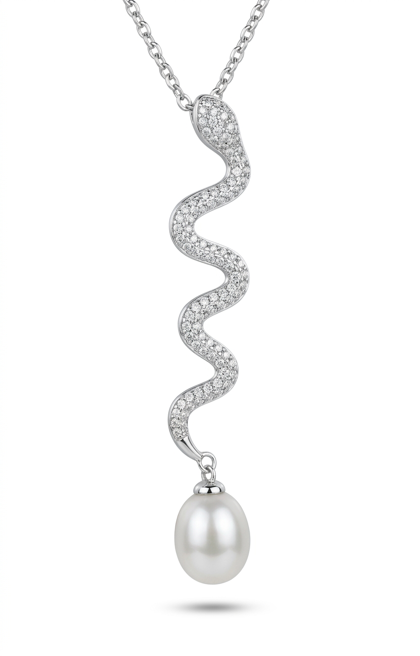 MINERVA Schmuckset aus 925 Sterling Silber – Schlangen Ohrringe & Collier mit weißen Perlen und Zirkonia