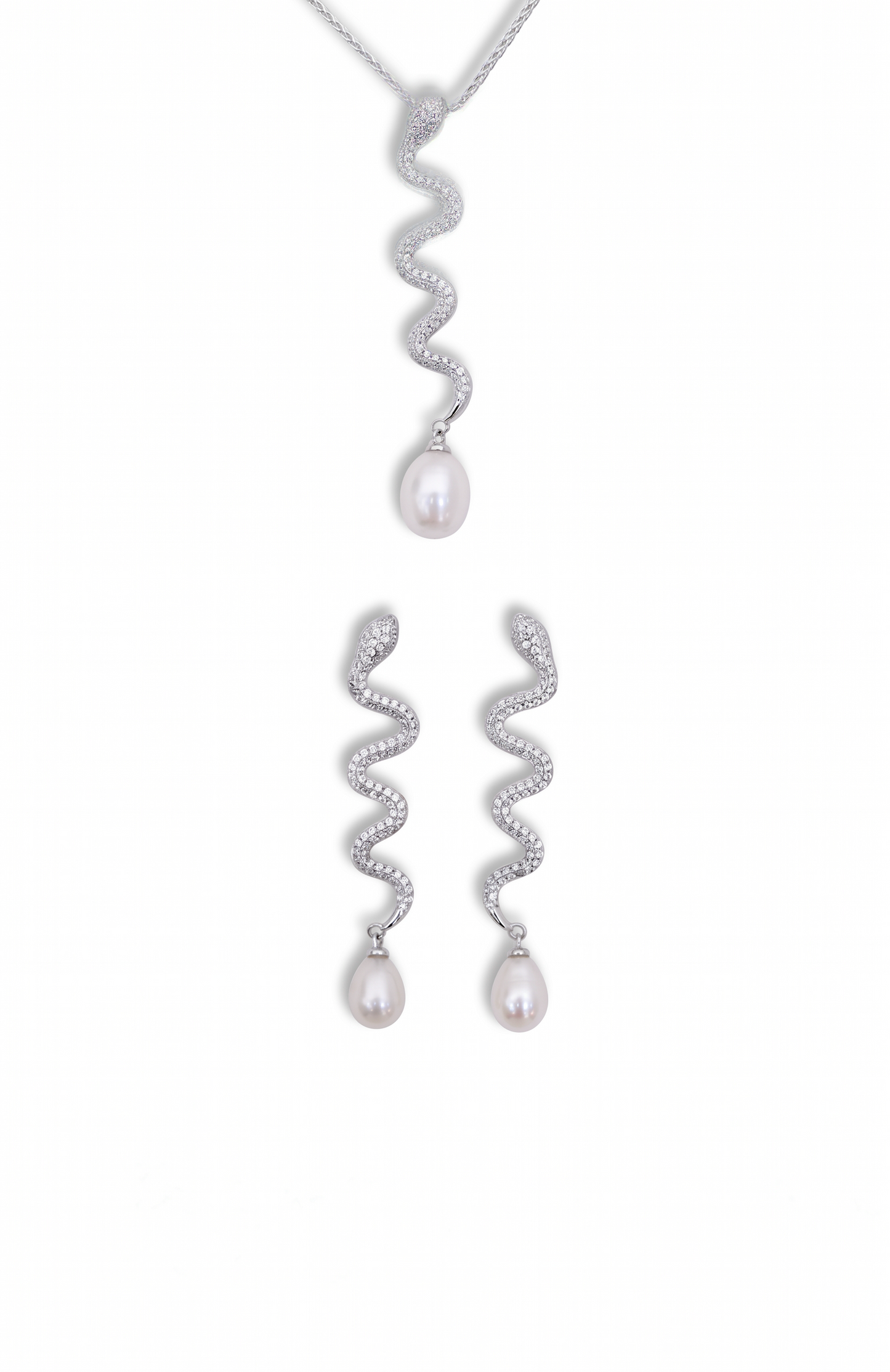 MINERVA Schmuckset aus 925 Sterling Silber – Schlangen Ohrringe & Collier mit weißen Perlen und Zirkonia